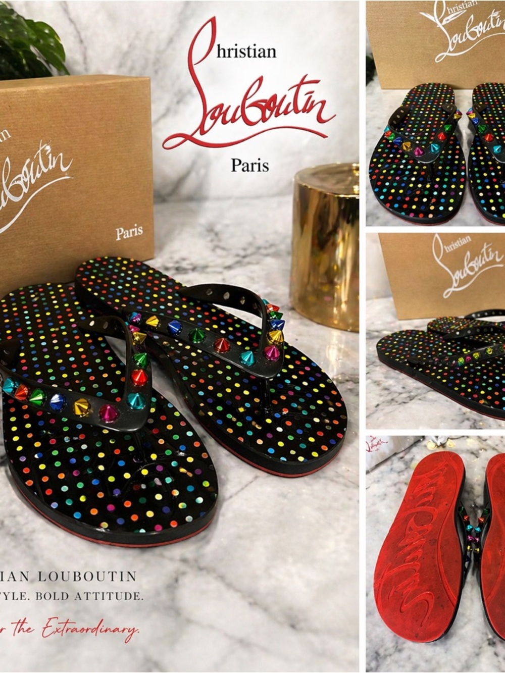 Christian Louboutin Black Multicolor Studded Flip Flops with Red Soles
